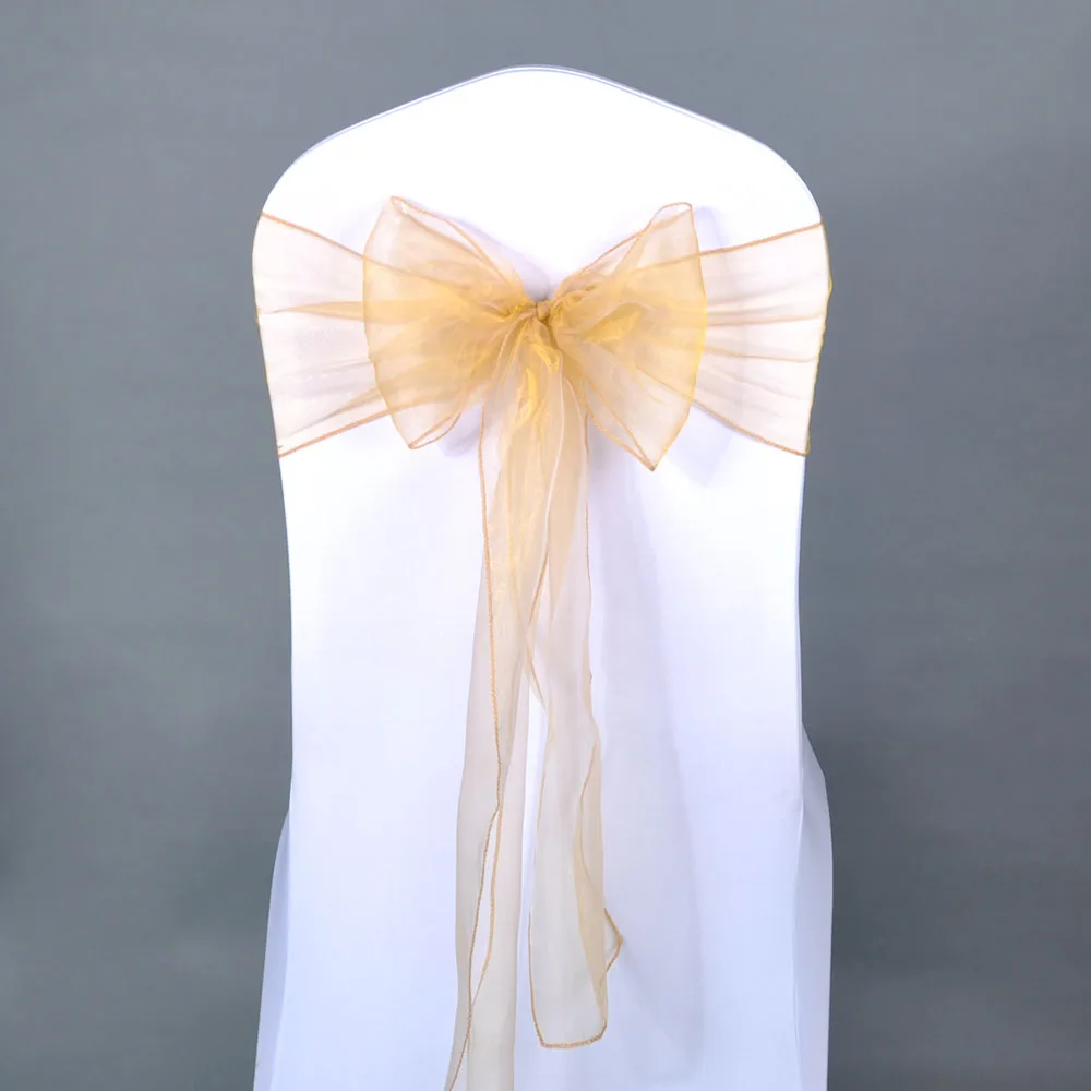 25PCS Gold Sheer Organza Chair Sashes Bow Cover Band Bridal Shower Chair Design Wedding Party Banquet Decoration