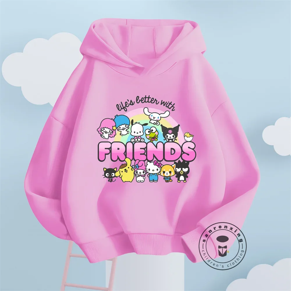 Charming Hello Kitty Cartoon Hoodies for Boys Girls with Elastic Waist Solid Colors Sanrio Comfort for Autumn and Winter Season