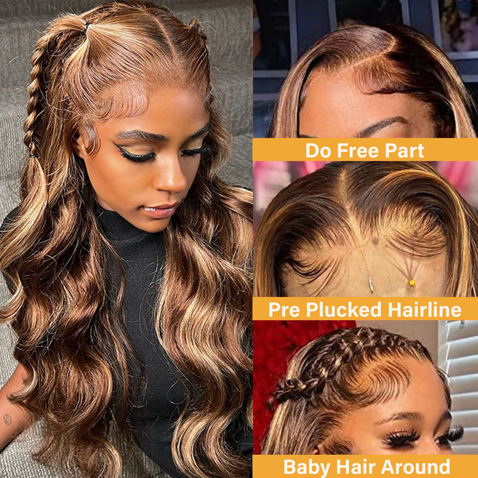 Body Wave P4/27 Highlight Lace Wigs Human Hair Wig 13x4 Lace Frontal Human Hair Wigs 180 Density Pre Plucked With Baby Hair