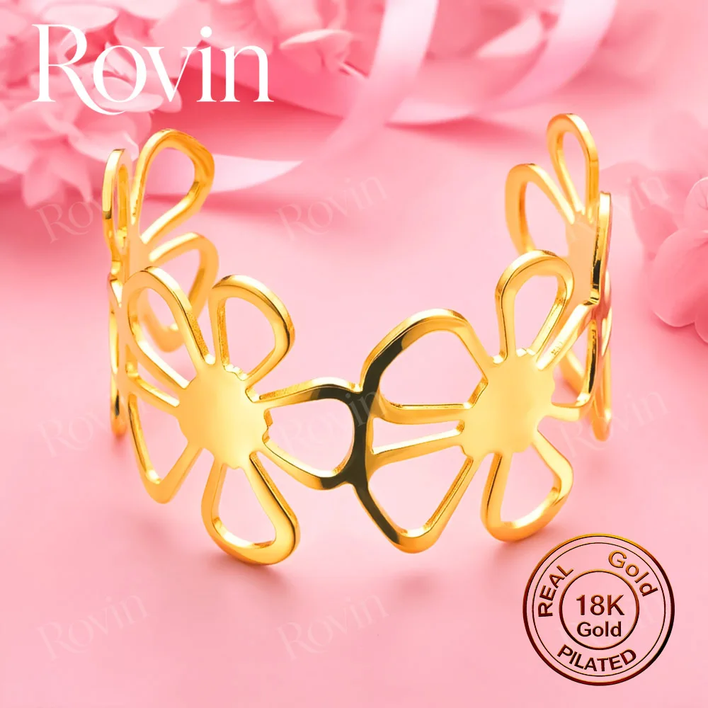 18K Gold Open-Cuff Bracelet with Exquisite Openwork Floral Design – A Stylish, Charming Accessory for Weddings and Parties