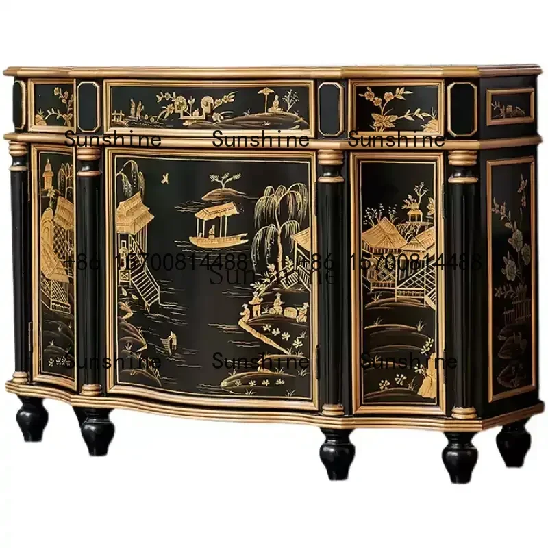 French retro Chinese style living room dining side decorative cabinet solid wood entry European art corridor cabinetR