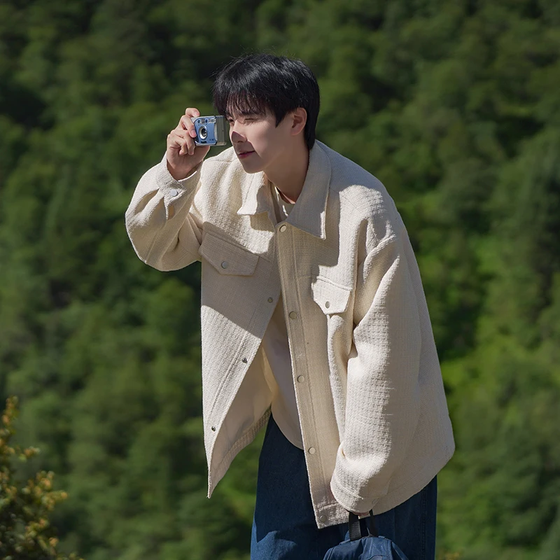 

Casual Loose Men's Jaet Fraance Sle Flip Collar Spring Autumn American Retro Top Youth Faion Premium Quali Fabric