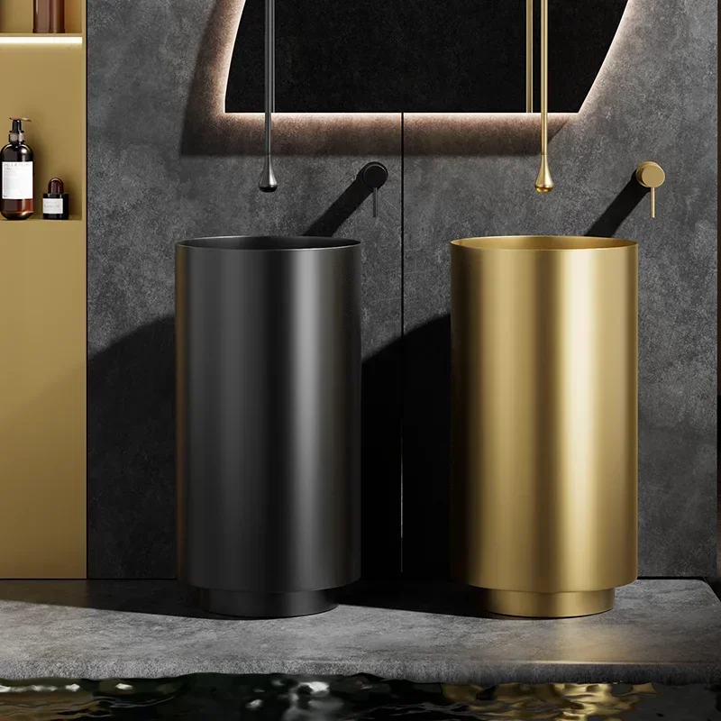 Black stainless steel floor-to-ceiling integrated washbasin hotel bathroom round column type