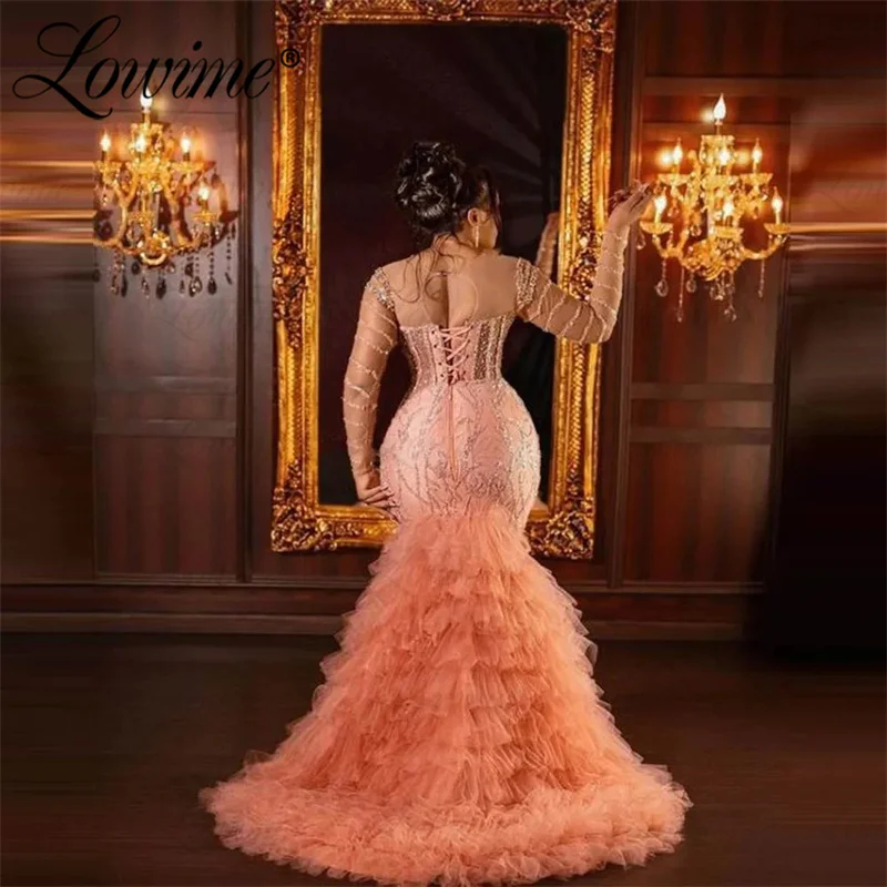 Lowime Luxury Pink Prom Dresses Long Train Mermaid Party Gowns For Weddings 2024 Robe African Women Celebrity Dress Evening Wear