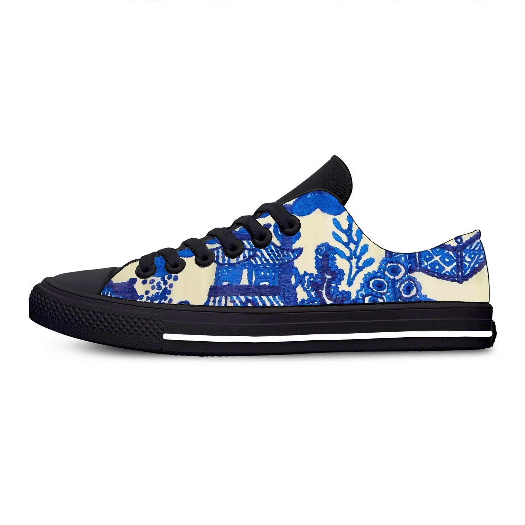 Blue White Willow Pagoda Chinoiserie China Pattern Casual Cloth Shoes Low Top Comfortable Breathable 3D Print Men Women Sneakers