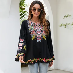 KHALEE YOSE Boho Embroidery Blouses Shirt Spring Autumn Women Mexican Shirt Vintage Long Sleeve 23xl Black Casual Ethnic Top