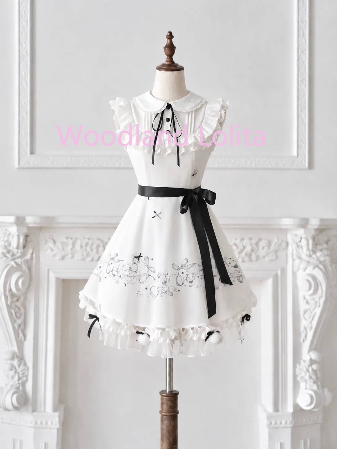 Summer Japanese Sweet Tulle Mini Dress Women Flying Sleeve Peter Pan Collar Cartoon Print Dress Elegant Cute Tea Party Dress New