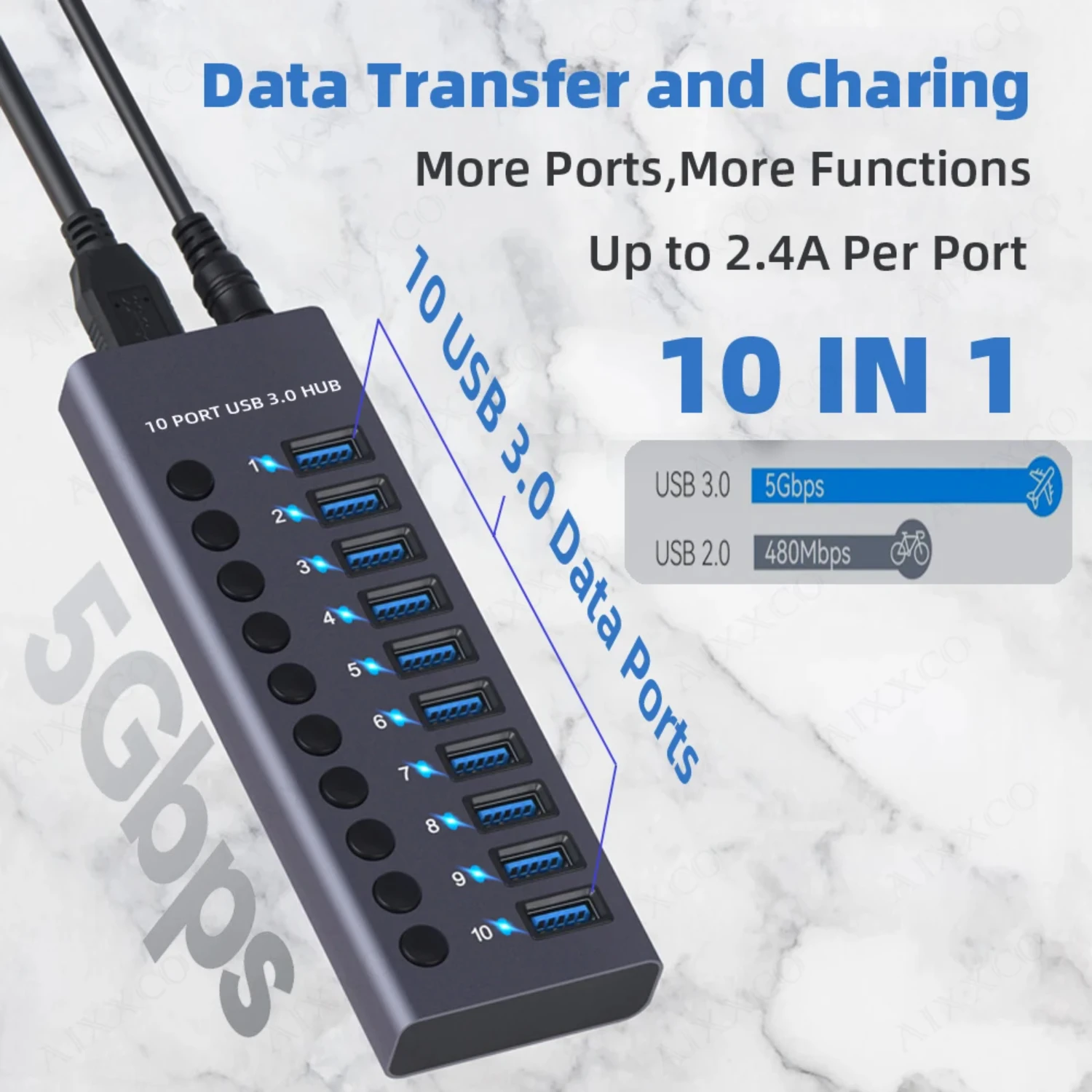 

7/10 Ports USB 3.0 Hub Multi USB Splitter with Switch Power Adapter Multiple Expander for Laptop Accessories MacBook Splitter