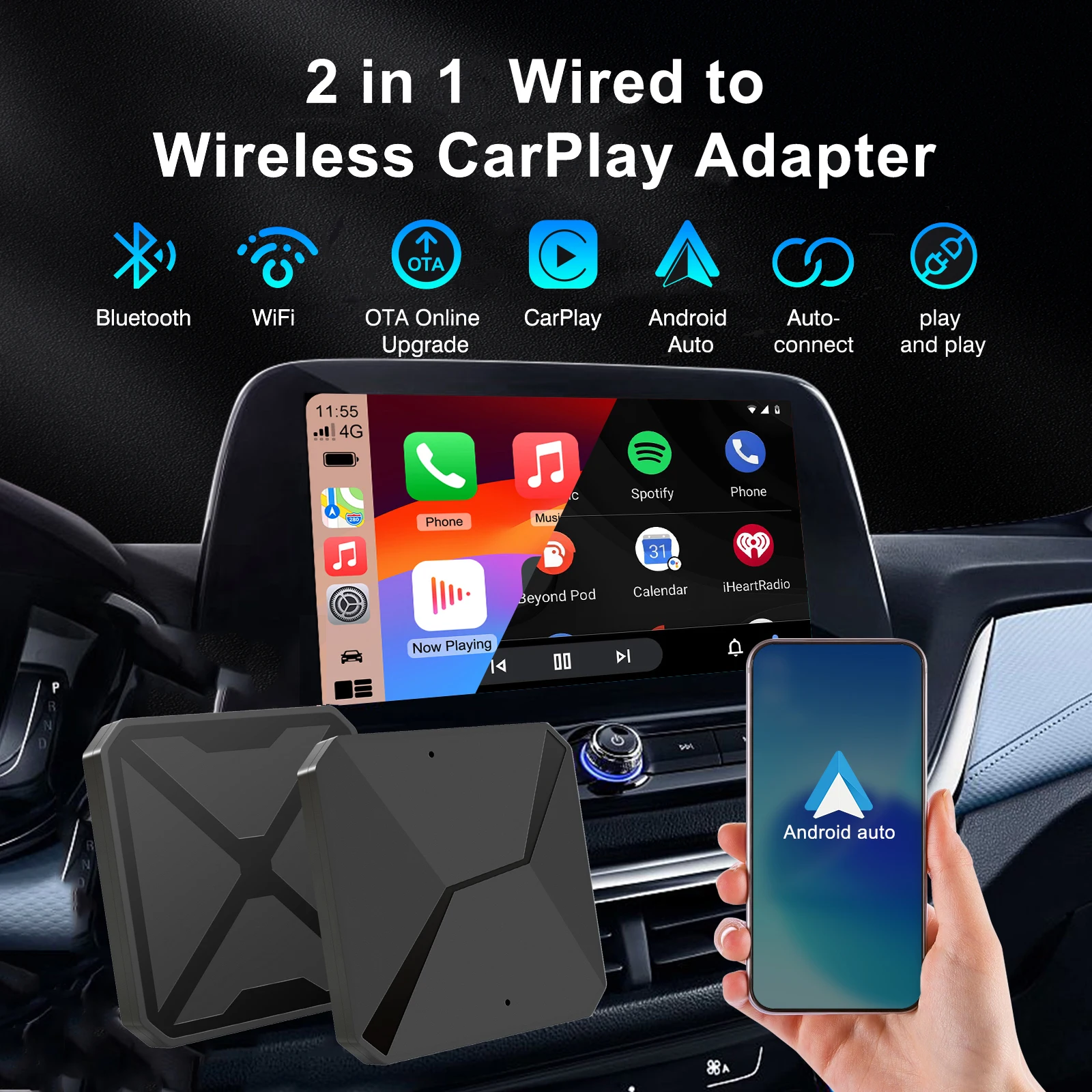 2 in 1 Wireless CarPlay Dongle Wireless Android Auto Adapter For All Cars With Factory Wired CarPlay Plug & Play ﻿