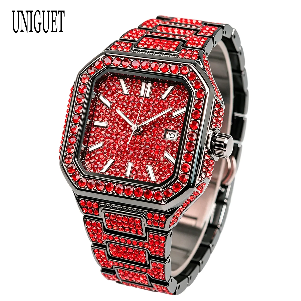 UNIGUET Red Diamond Watch For Man Fashion Hip Hop Full Iced Out Wristwatch Men Personality Colored Jewelry Clock 2026 New