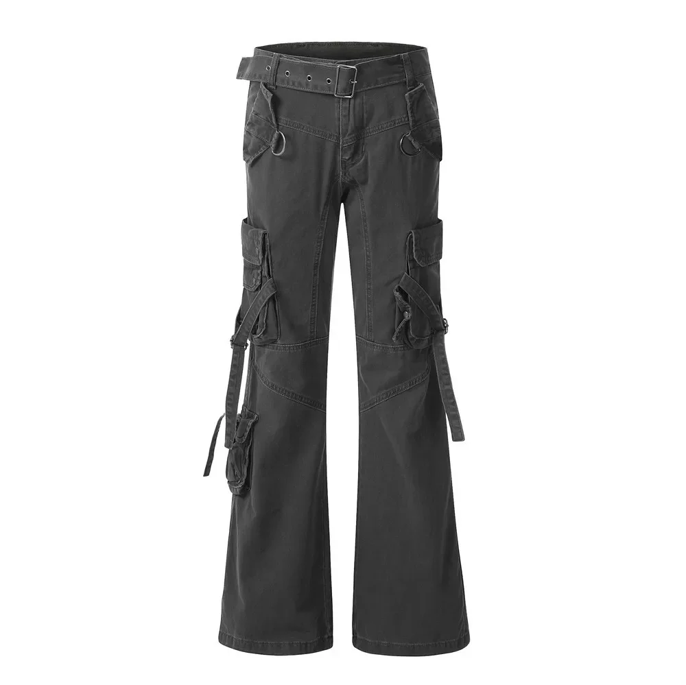 LIBIELIY Men's Trendy Multi-pocket Strapped Cargo Pants, High Street Functional Niche Style With Belt Wide-leg Slightly Flared L