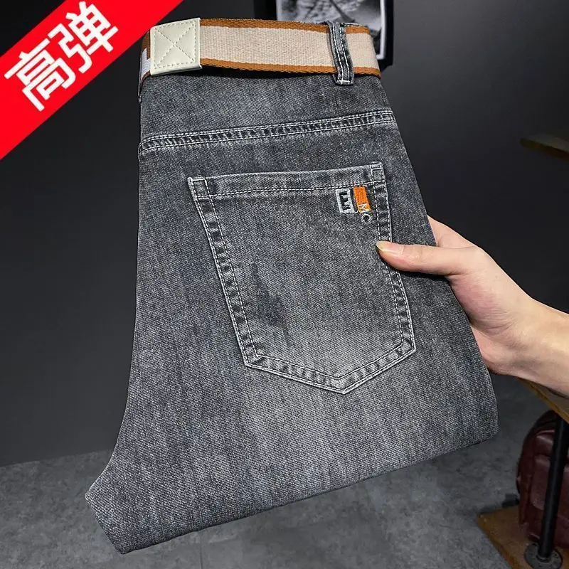 High-Quality Luxury Men\'s Jeans Designer Clothes for Men New 2023 Spring Summer Embroidered Black  Gray Slim Fit Cotton Trousers