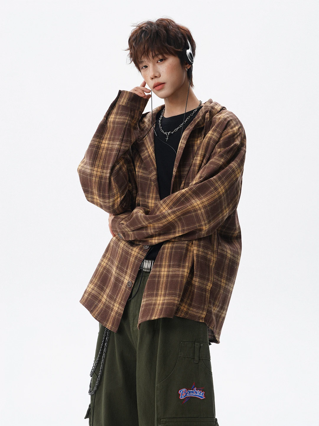 

Мужская клетчатая рубашка с капюшоном кофейного цвета, свободного кроя, в американском ретро-стиле, повседневный открытый кардиган, модный весенний топ Haome