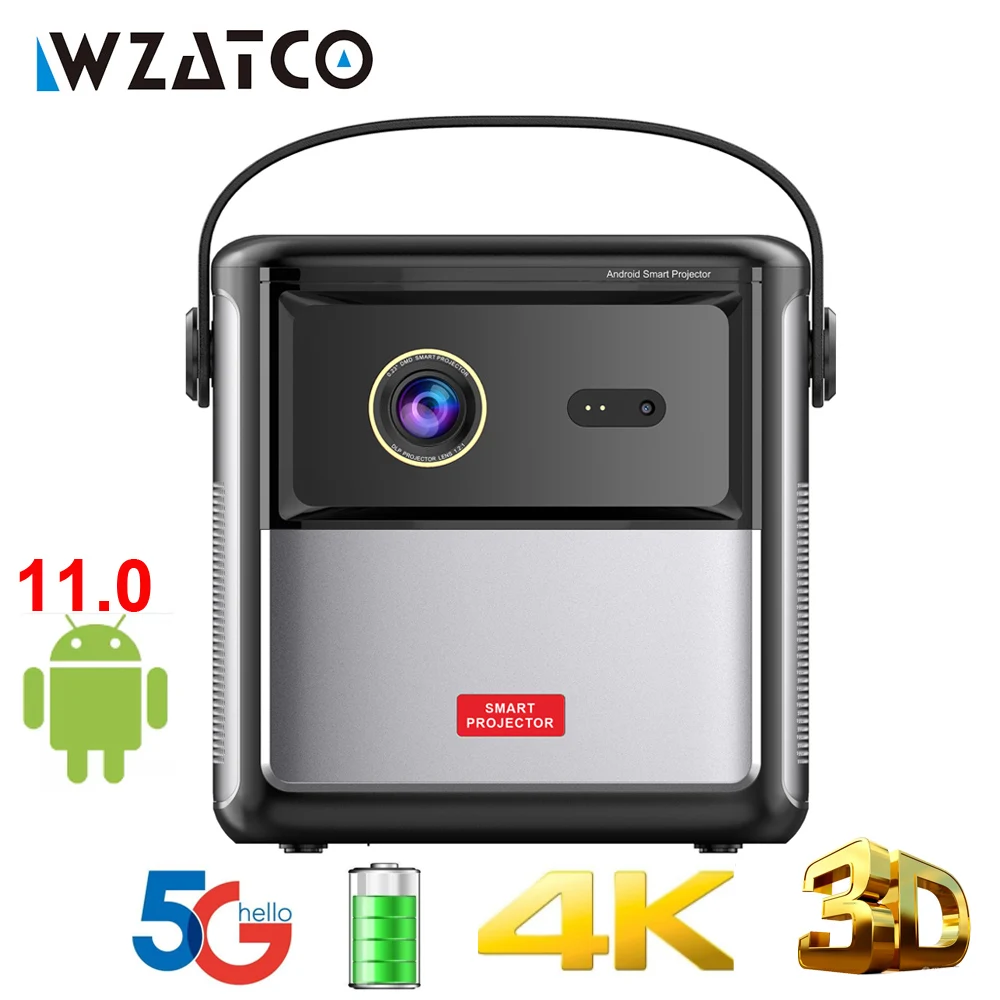 WZATCO S90 Max Projektor 3D 4K Kino Android 11.0 WiFi Mini Przenośny 1080P Kino domowe Projektor wideo DLP Beamer z baterią