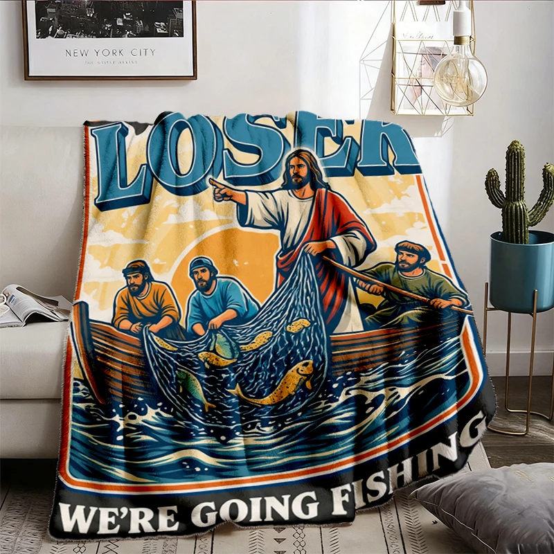 Funny Christian Flannel Blanket, Retro Jesus Fishing Flannel Throw, Get In Loser We're Going Fishing Cozy Blanket