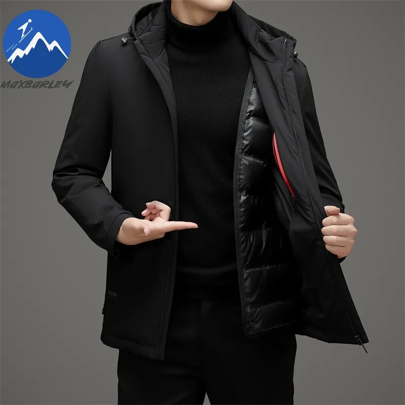 Maxbarley Mens Down Jacket Fashion Commute Office Lightweight Puffer Jacket Premium Detachable Hood Travel Windproof Winter Coat