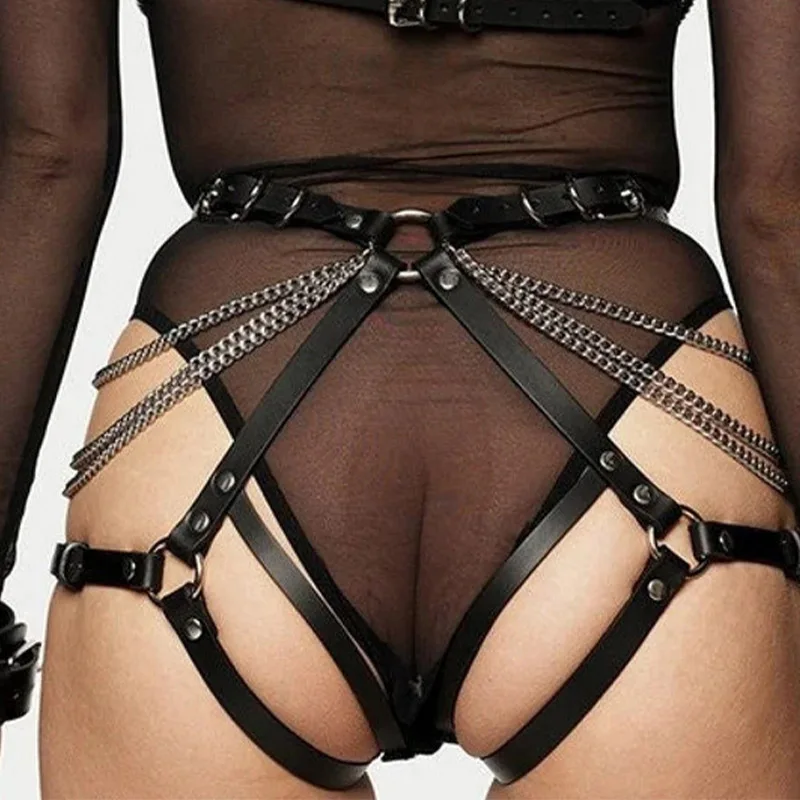 Sexy Buttock Chain Garter Belt Punk Leather Harness Female Lingerie Bdsm Body Bondage Erotic Thigh Suspender Stockings Fetish