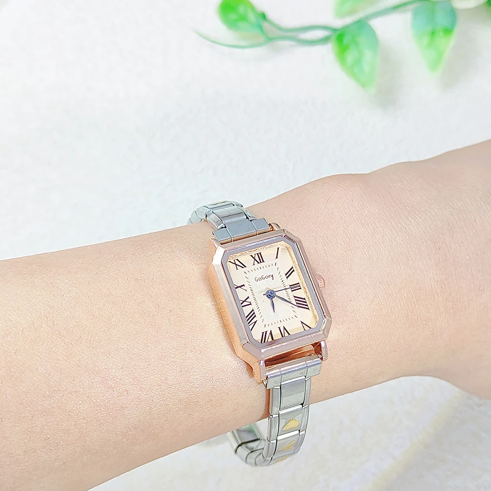 Элегантные женские прямоугольные часы с римскими цифрами, розовое золото и серебро, нержавеющая сталь, винтажный стиль и повседневные модные украшения