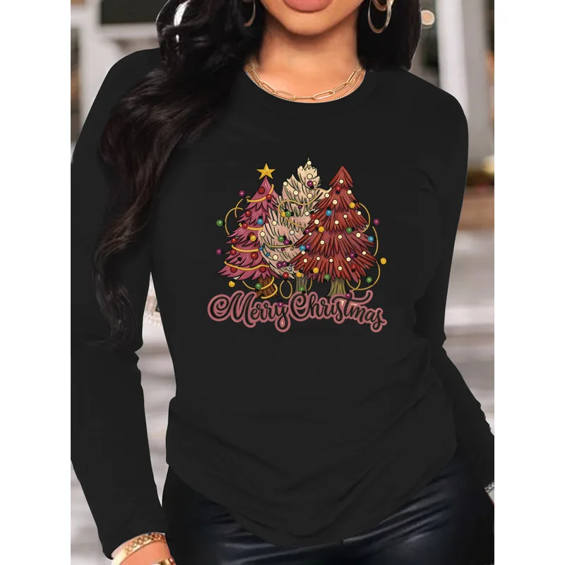 Women's Long Sleeve T-Shirt Pink Colorful Christmas Trees Merry Christmas Graphic Crew Neck Slim Fit Fall Winter Tops