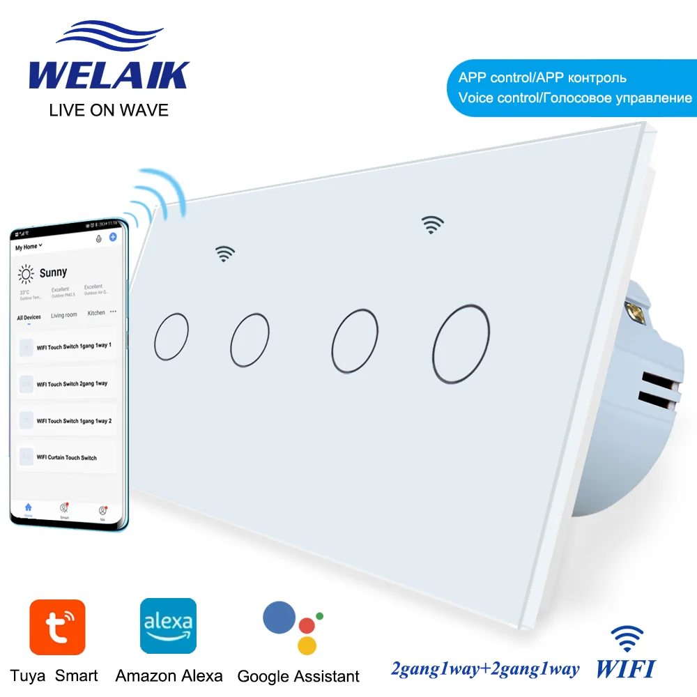 

WELAIK EU 151*80mm Alexa Tuya-WIFI Smart-Life-Google 2Frame 2gang1way Crystal-Glass Panel Light Wall Touch Switch A292121W-WIFI