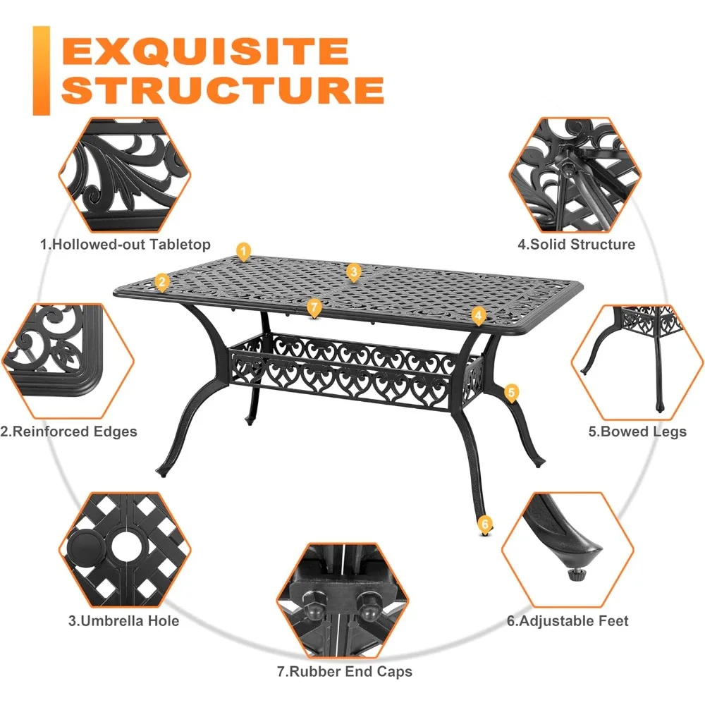 60-дюймовый уличный обеденный стол с отверстием для зонта 2,09 дюйма, индивидуальный литой алюминиевый уличный стол для патио, прямоугольная обеденная футболка на 6–8 человек