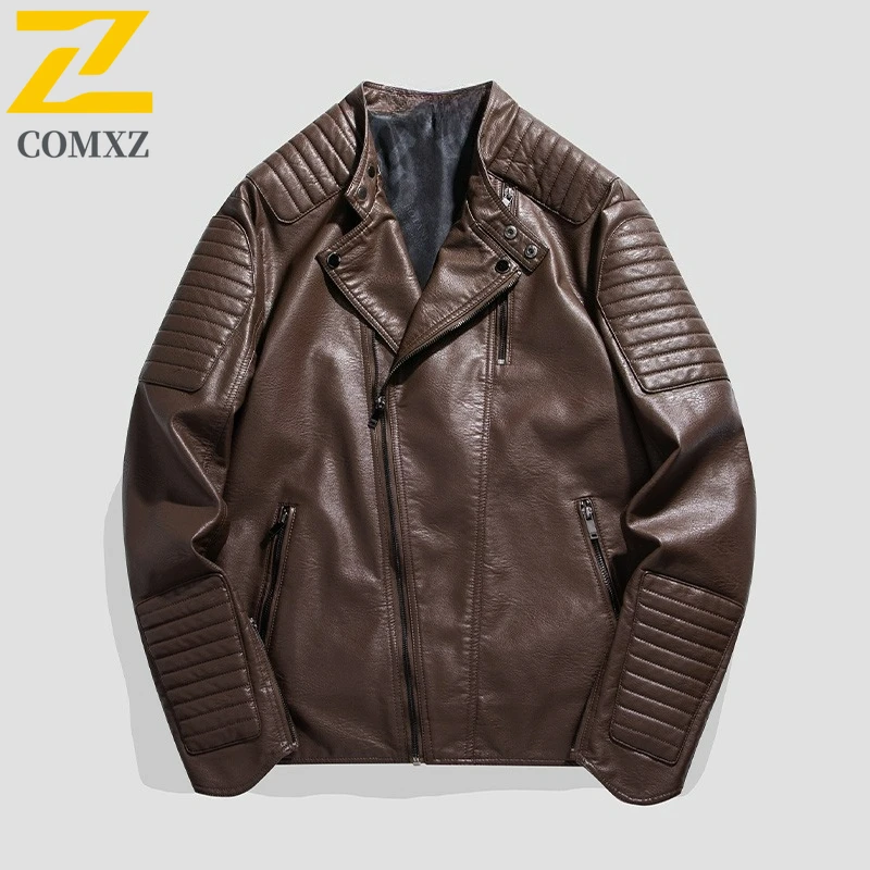 

COMXZ Premium Leather Jacket Mens Autumn Classics Stand Collar Adventure PU Leather CoatTrendy Fashion Motorcycle Workwear ​