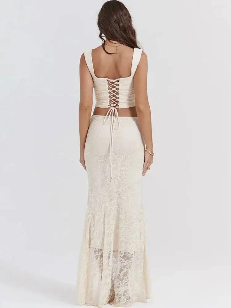 

Suninheart Elegant Women 2 Piece 2023 Wedding Guest Lace Up Crop Top And Maxi Skirt Set Formal Event Dress