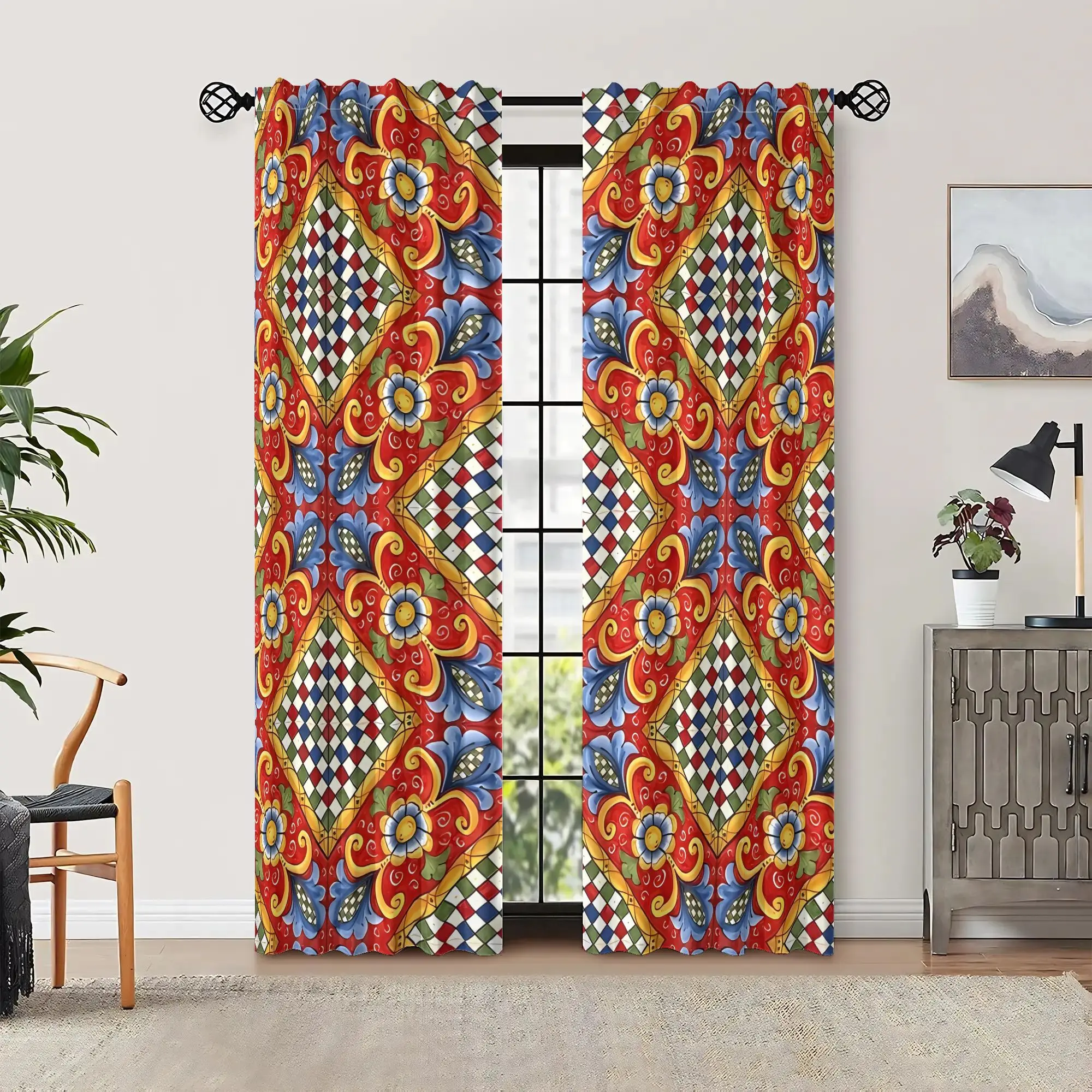 Sicilian retro ceramic-style curtains, pole-mounted installation. Suitable for living rooms, bedrooms, dining rooms and hotels.