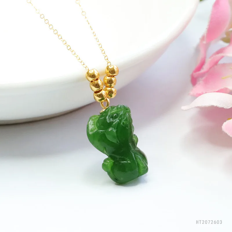 

S925 Silver Pi Xiu Pendant 18K Gold Bead Green Hetian Jade Wealth Charm HT2072603