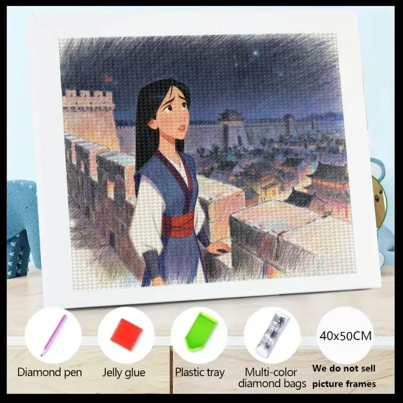 1 szt. Zestaw do samodzielnego wykonania obrazu diamentowego 5D, Mulan Wojowniczka Księżniczka i Widok na Starożytną Miasteczko w Nocy, Duży Rozmiar 40x50CM, Kryształki Rhinestone