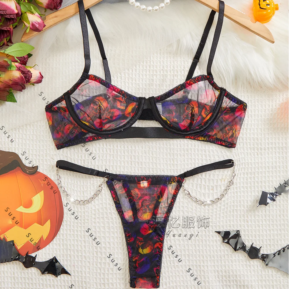 

Внешняя торговля новое сексуальное нижнее белье, европейский и американский комплект с принтом черепа на Хэллоуин, сексуальный бюстгальтер, sm Chain Thong, новинка 2023 года