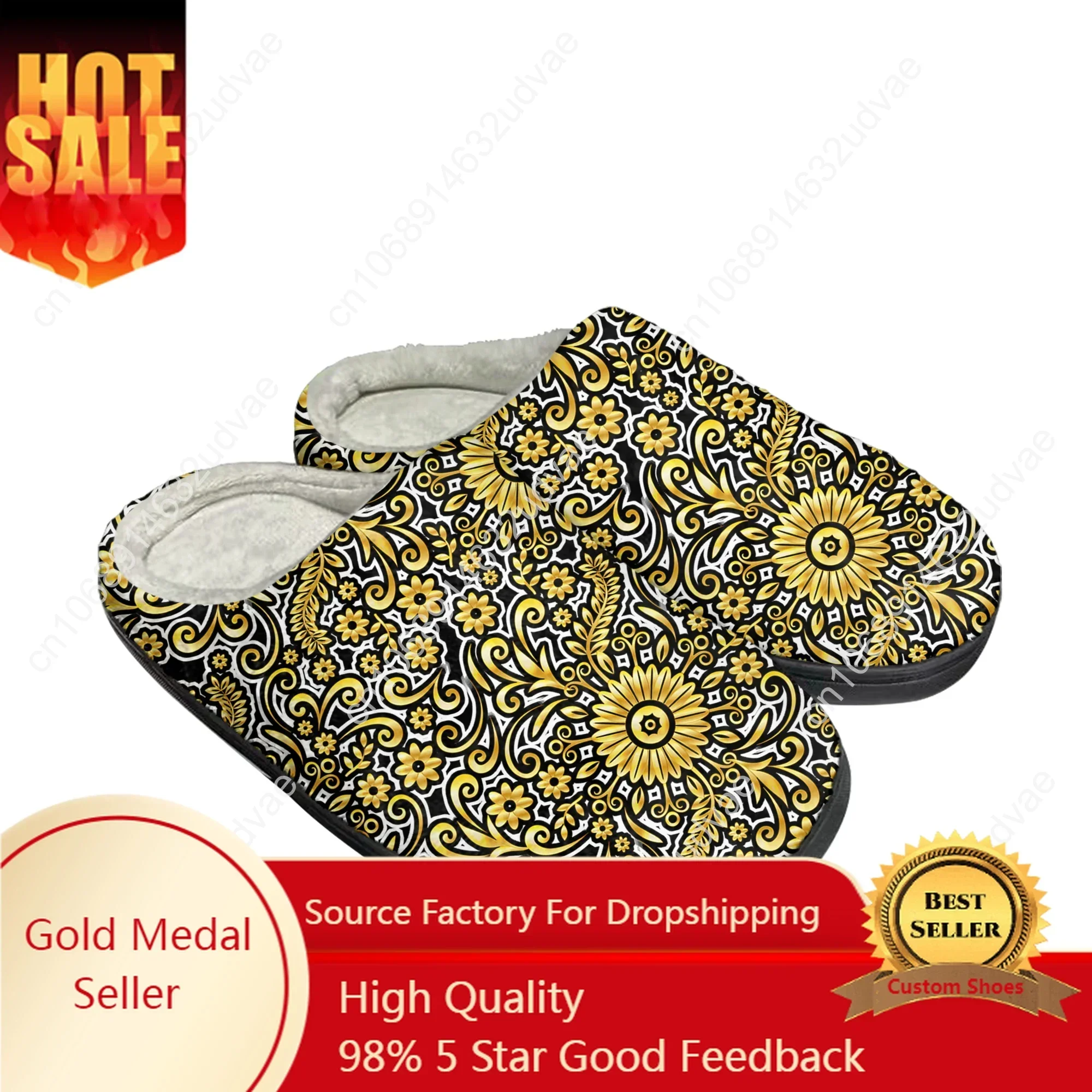 Luxury Golden Floral Prints Home Cotton Custom Slippers Mens Womens Plush Baroque European Keep Warm Shoes Thermal Slipper