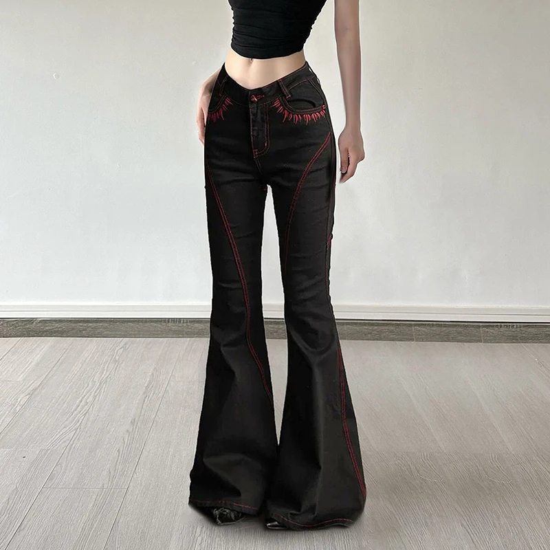 

Goth Dark Mall Gothic Embroidery Decor Full Length Denim Pants Y2K Grunge V Low Wasit Pocket Flare Trousers Women Street Jeans