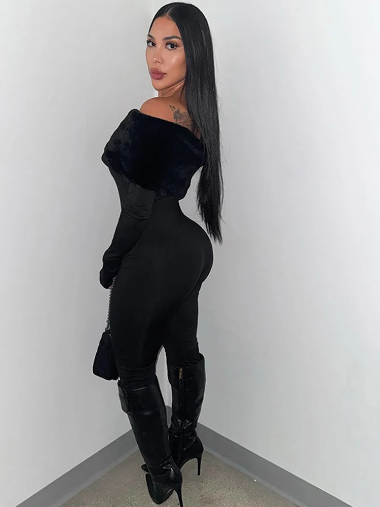 بدلة قفز شتوية من Kricesseen مكشوفة الأكتاف من الفرو الصناعي للنساء بأكمام طويلة وخصر عالٍ بدلة قطعة واحدة للحفلات الليلية