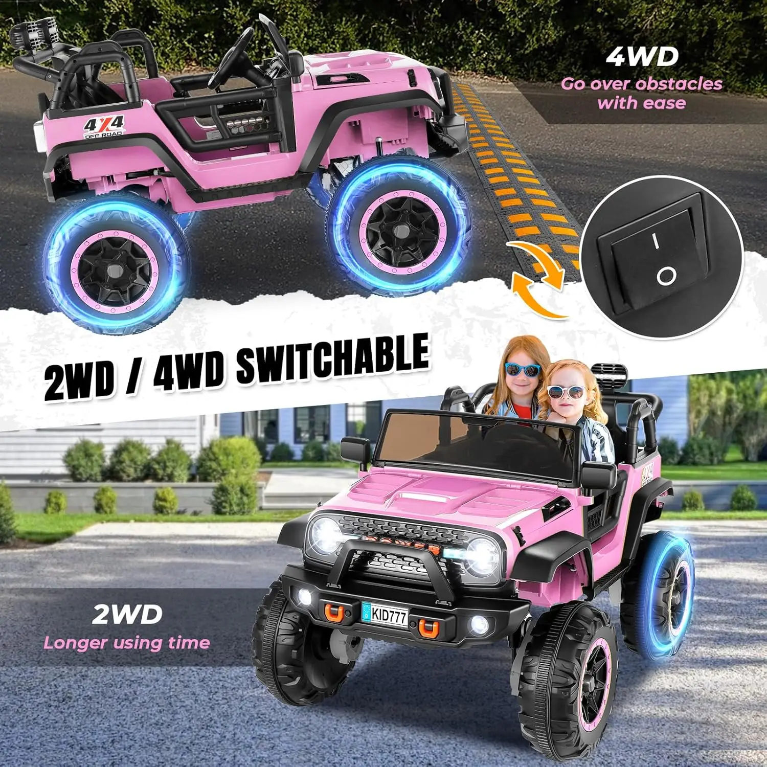 24 Volt Ride On Car with Remote Control, 2WD/4WD Switchable 2 Seater XL Electric Car for Kids w/20 Inch Wide Seat, 4X100W