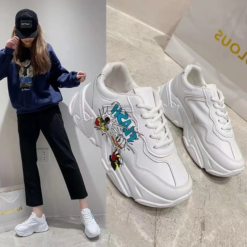 Mickey Mouse Donald Duck celebrity spring summer original style small white shoes female thick soles raised height Korean shoes