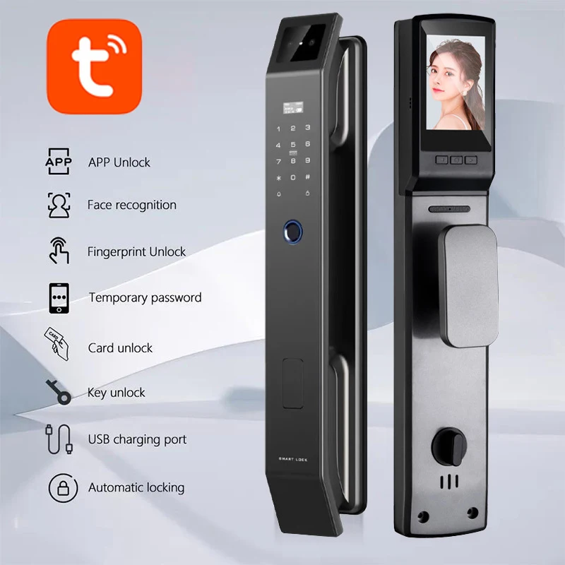 Tuya Wifi 3D Facial Recognition App Password Fingerprint Card Portable Visual Doorbell Monitoring Camera Electronic Door Lock