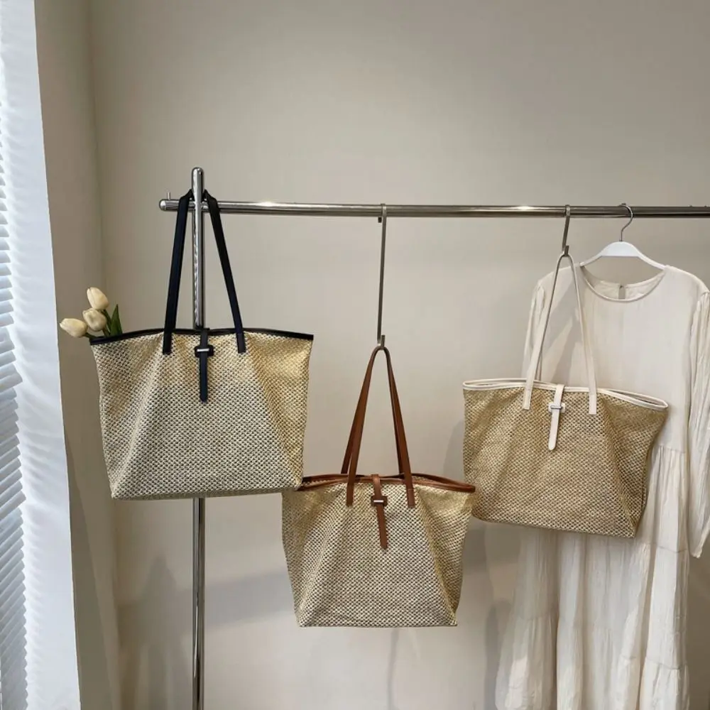 

1 Pc Hand-made Summer Straw Tote Bag Large Capacity Woven Straw Bags Casual Vacation Shoulder Bags