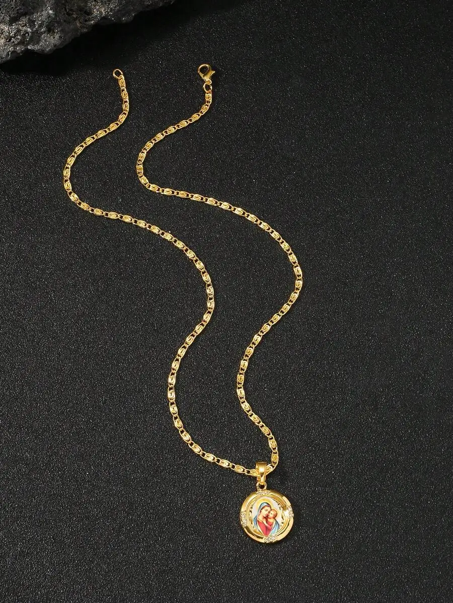 

Gold-Tone Round Pendant Necklace with Religious Icon Design