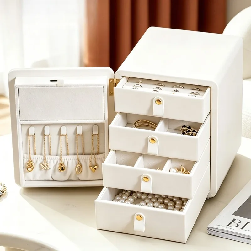 Leather Jewelry Storage Box Luxury Ring Organizer Boxes Multifunctional Necklace Collection Case Fingerprint Lock Bracelet Case