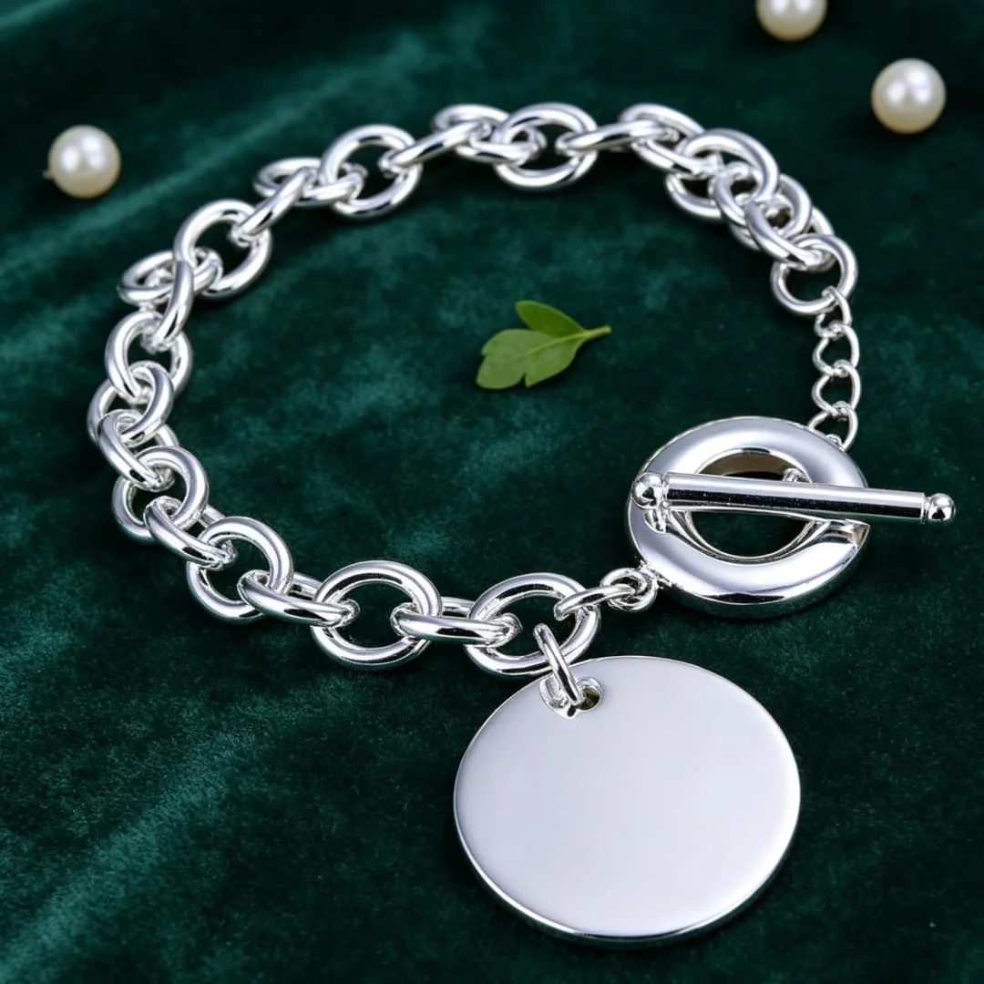 Factory direct 925 Sterling silver Classy Round card Pendant Bracelet for men's women Wedding party Holiday Gift fashion Jewelry