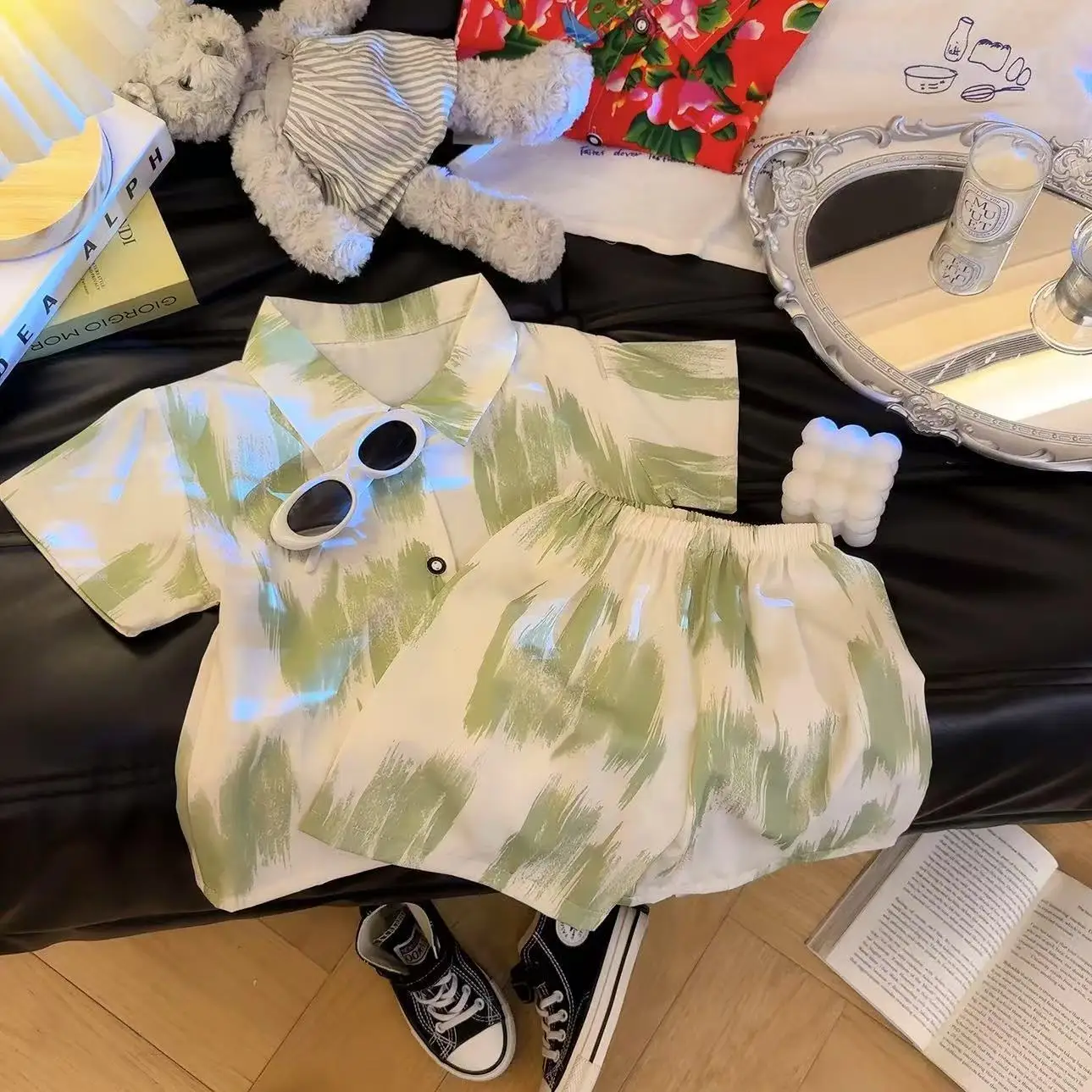 2025 Summer Boys' Set Printed Beach Thin Floral Shirt Short Sleeve Fashion Simple Style Casual Cool