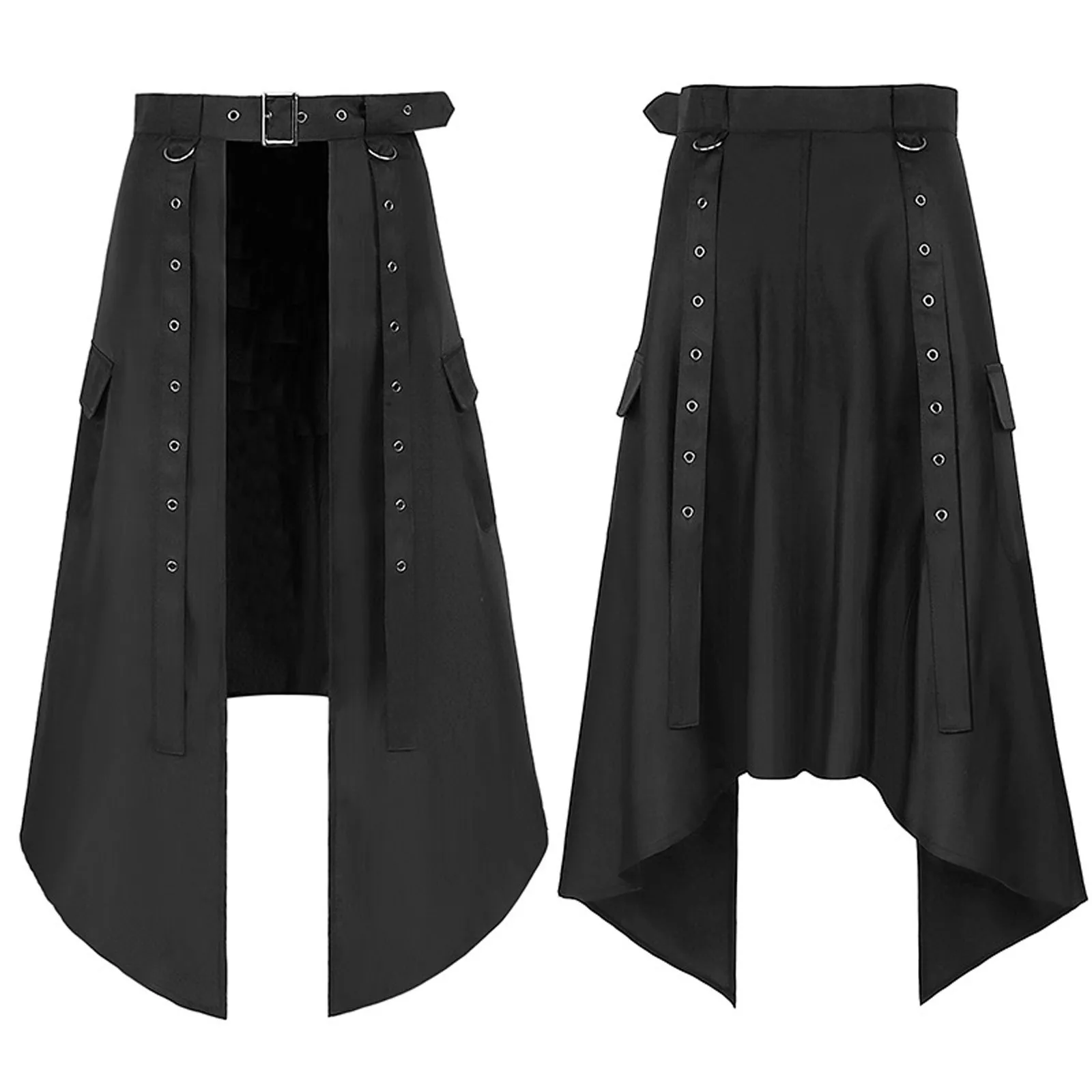 Cosplay Punk Geplooide Rok Heren Gothic Lederen Riem Middeleeuwse Romeinse Krijger Kilt Metalen Clothe Asymmetrie Zwart Halloween Kostuum