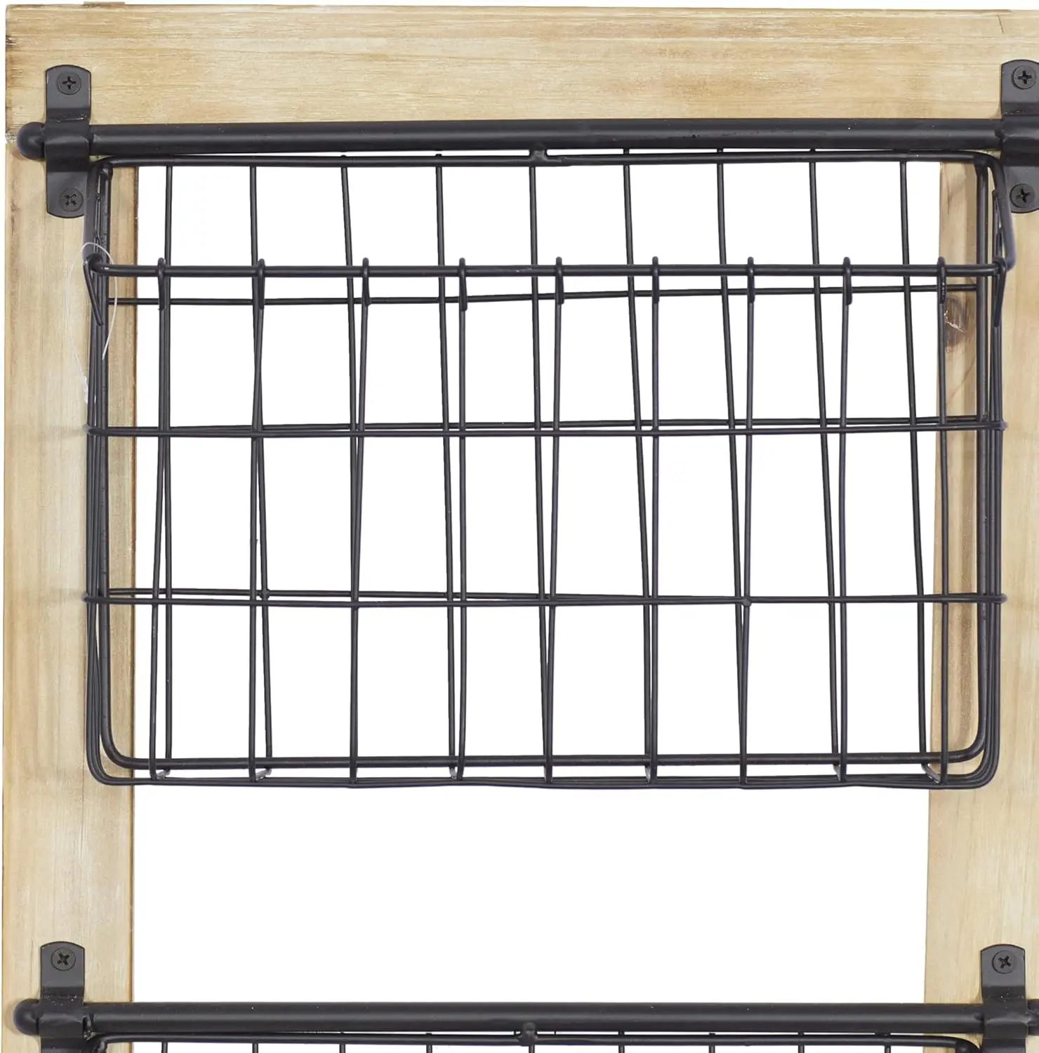 Metal 3 Slot Magazine Rack with Wood Frame and Wire Baskets, Black, 14x5x34 Inches