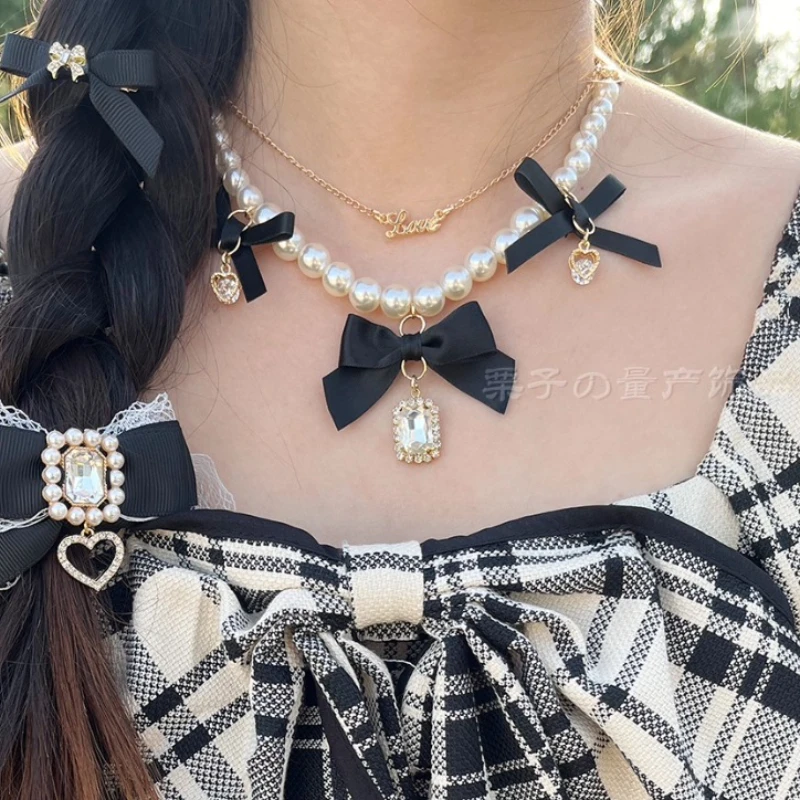 

Lolita Accessories Series Leilei Mass-produced Pearl Rhinestone Bow Tianlei Series Lolita Fashion Versatile Necklace Collar Cute