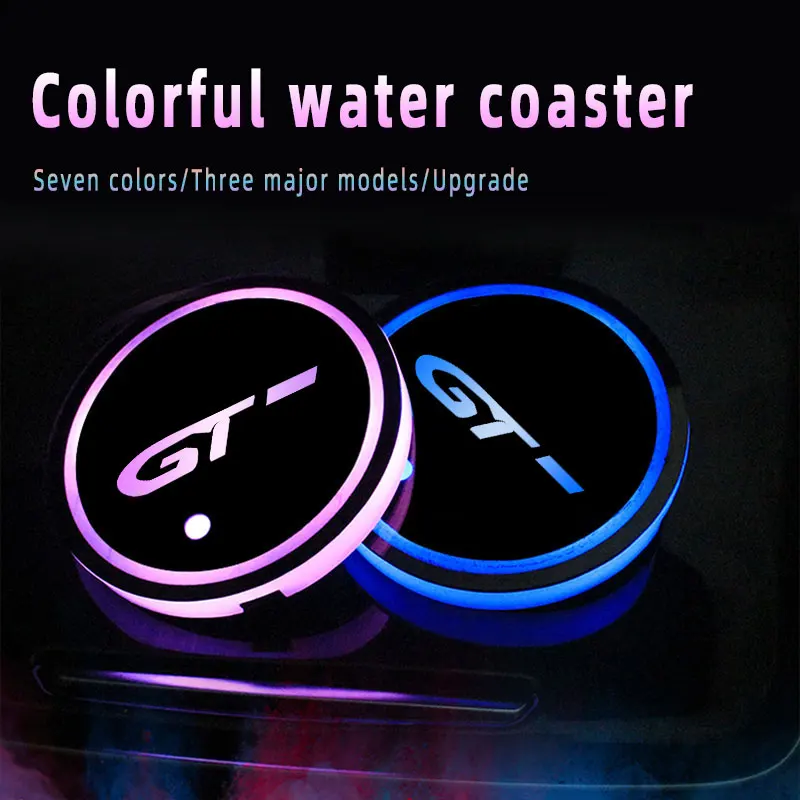 Car Logo Led Atmosphere Light 7 Colorful Cup Luminous Coaster Holder For Peugeot GT - Stinger 2011-2019 2020 2021 Accessories
