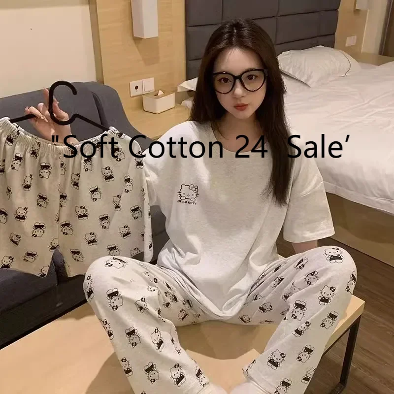 

Grey Hello Kitty three-piece pajamas, pure cotton cartoon loungewear, Sanrio Kai loungewear three-piece set, women's pajamas set