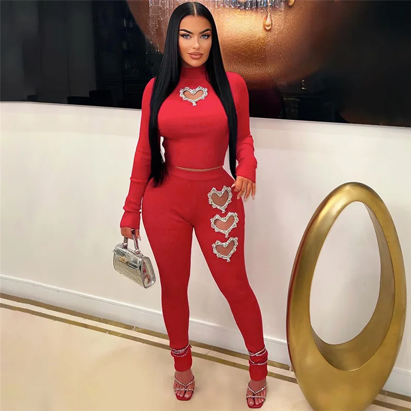 

Women Rib Heart Hollow Hot Diamond Skinny 2 Piece Set O-neck Long Sleeve Slim Crop Top High Waist Pants Casual Streetwear Outfit