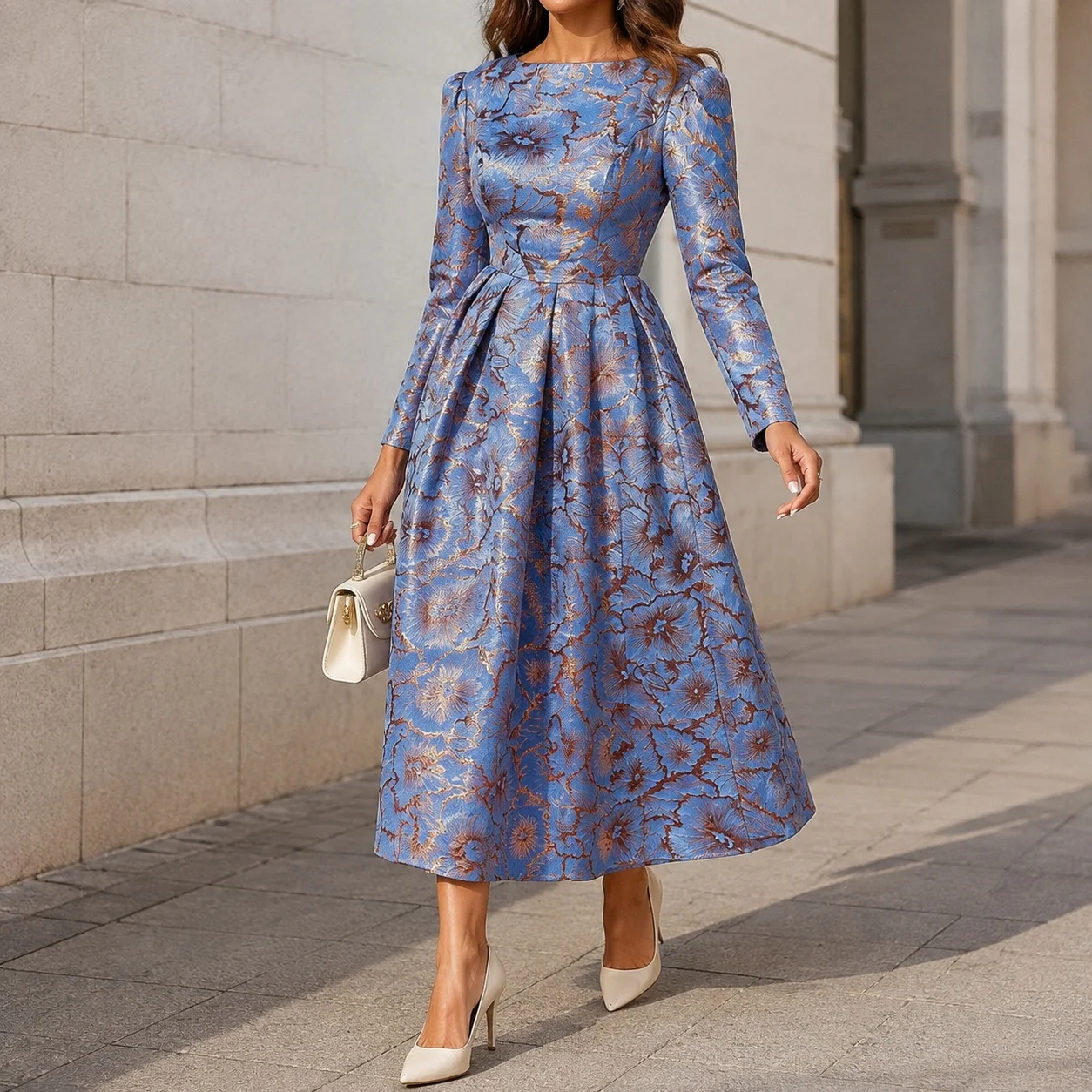 Round Neck a Line Dress Fitted Fresh Style with Slim Fit Summer Sweet Three Quarter Sleeve Midi Length Dresses for Women