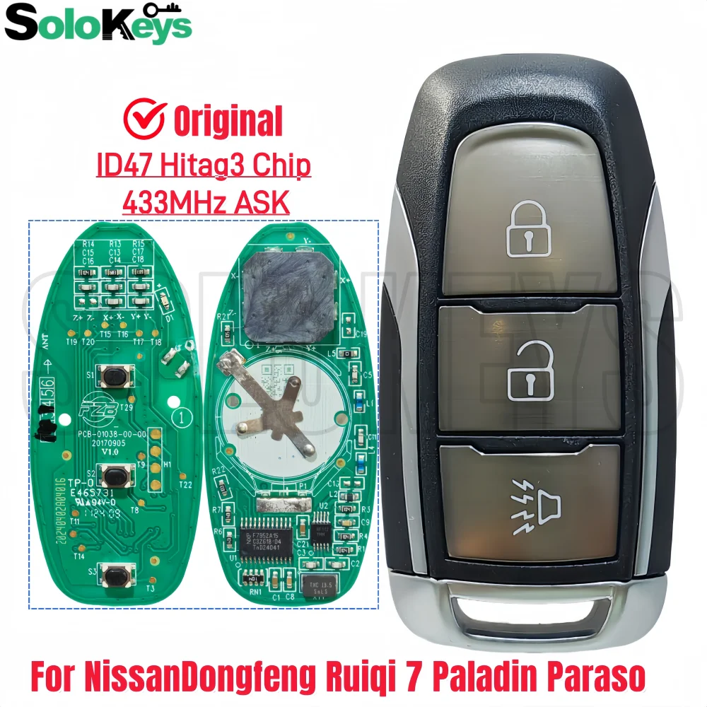 

SOLOKEYS 433MHz ID4A Hitag3 Chip For Nissan Dongfeng Ruigi 7 Paladin Paraso 2022 Car Original sSmart Remote Control Key